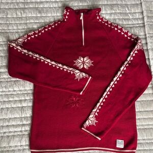 Dale of Norway Cranberry Red and White Snowflake 1/4 Zip Merino Wool Sweater XS